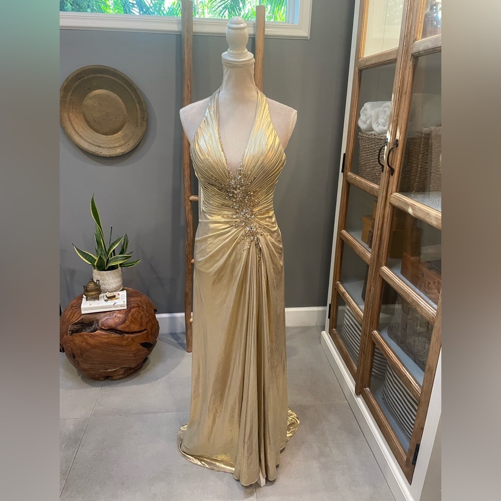 Night Moves Gold Halter Prom Dress